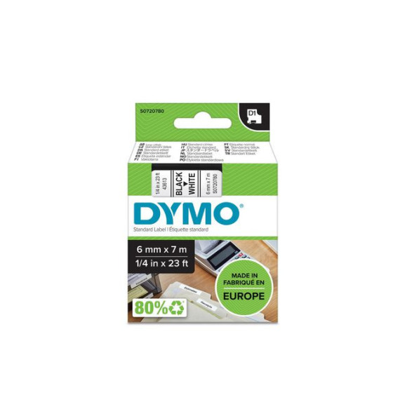 Tape DYMO D1 6mm x 7m sort/hvit