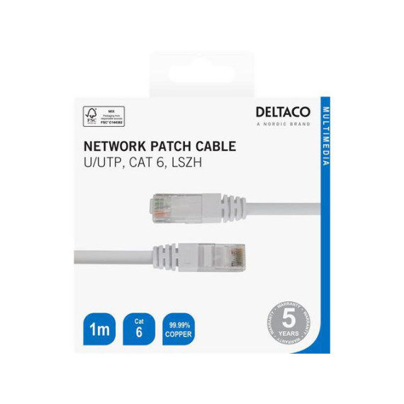 Kabel DELTACO nettverk Cat6 1m hvit