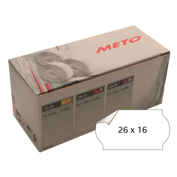 Prisetikett METO avtagbar 26x12mm hvit (6rl/1500)